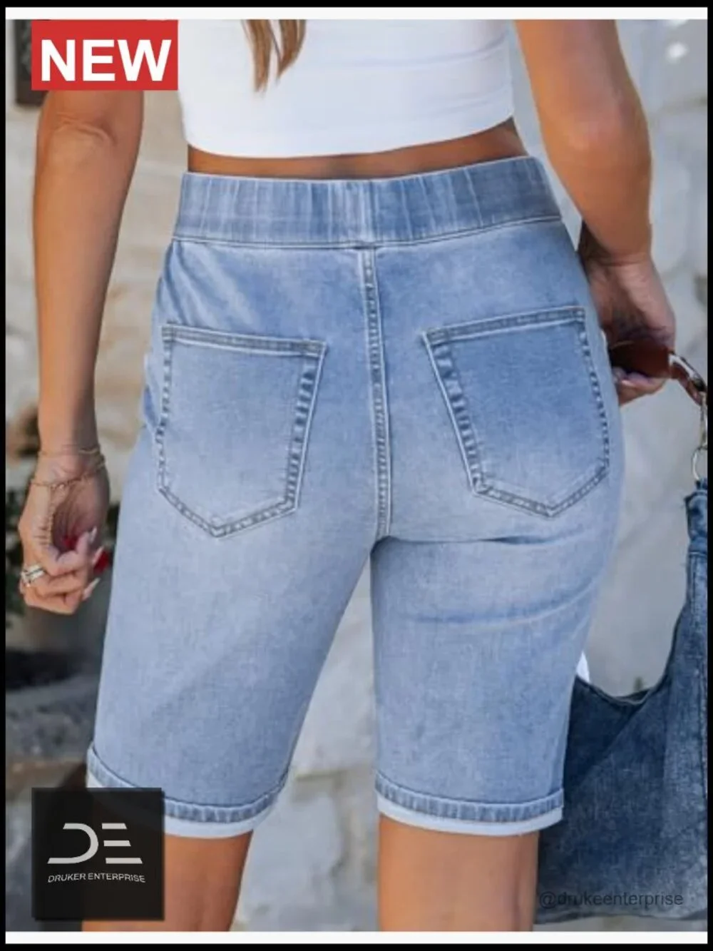 High Waisted Pull On Elastic Waist Denim Bermuda Shorts 10